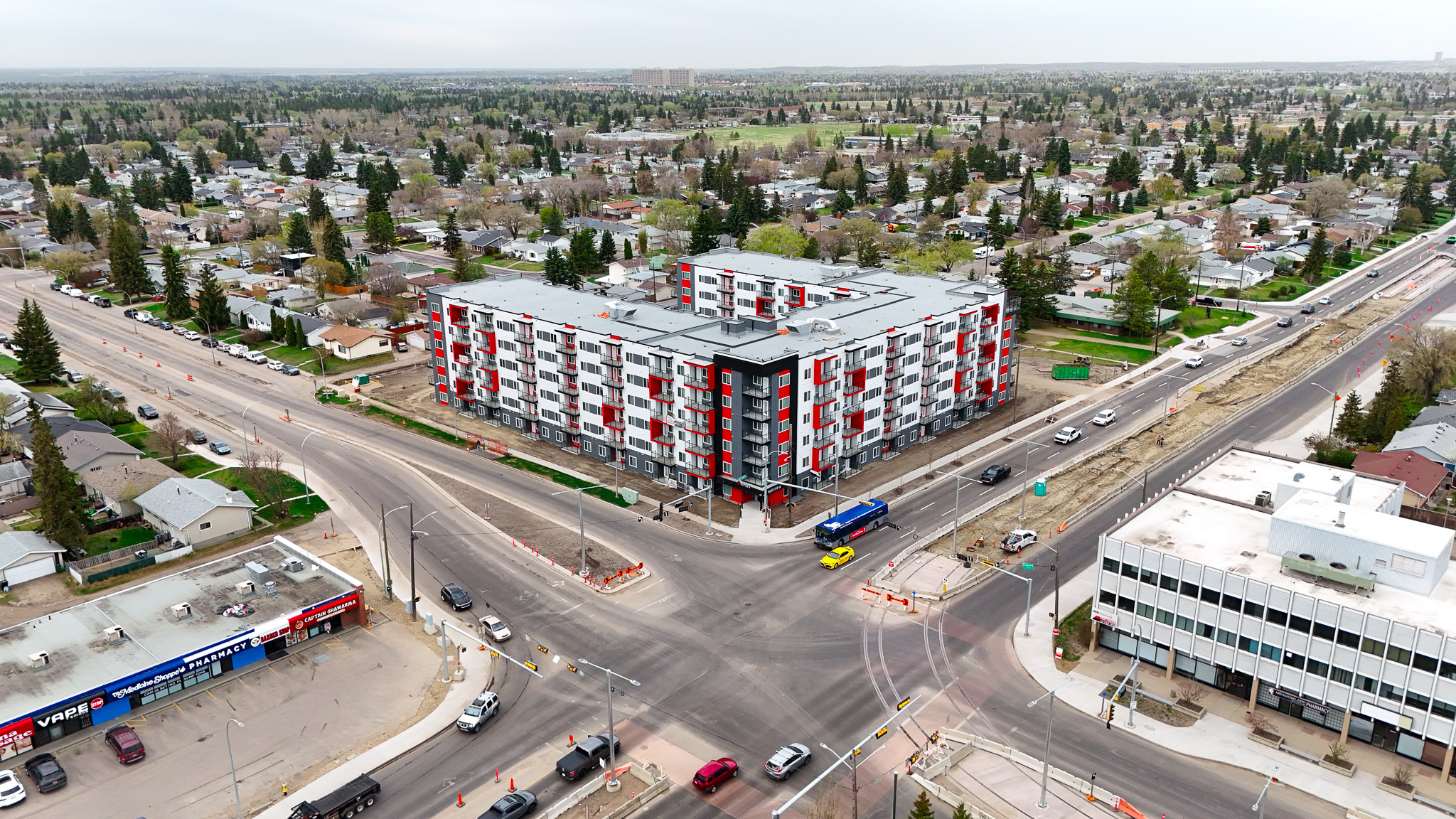 Aerial commercial development project photographed in Calgary